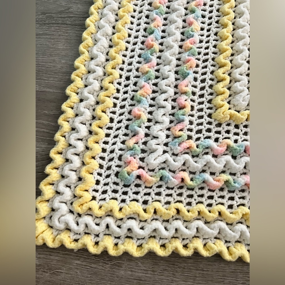 Crocheted Baby Afghan Blanket throw pastel yellow white 52” x 38” - Picture 1 of 3